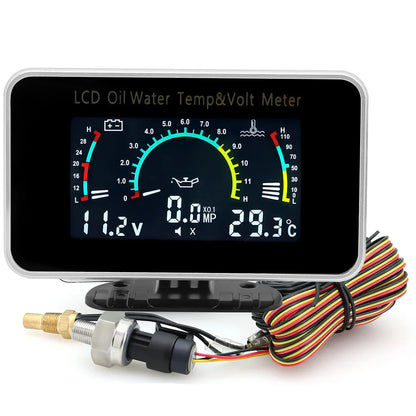 3 in 1 LCD Gauge Oil Temperature Water Temperature And Voltmeter Black