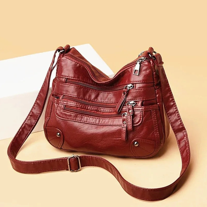 Women's Multi-Layer Leather Shoulder Crossbody Bag (Red)