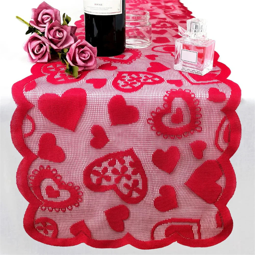 Elegant Valentine's Day Lace Table Runner Set - Red Poinsettia Design