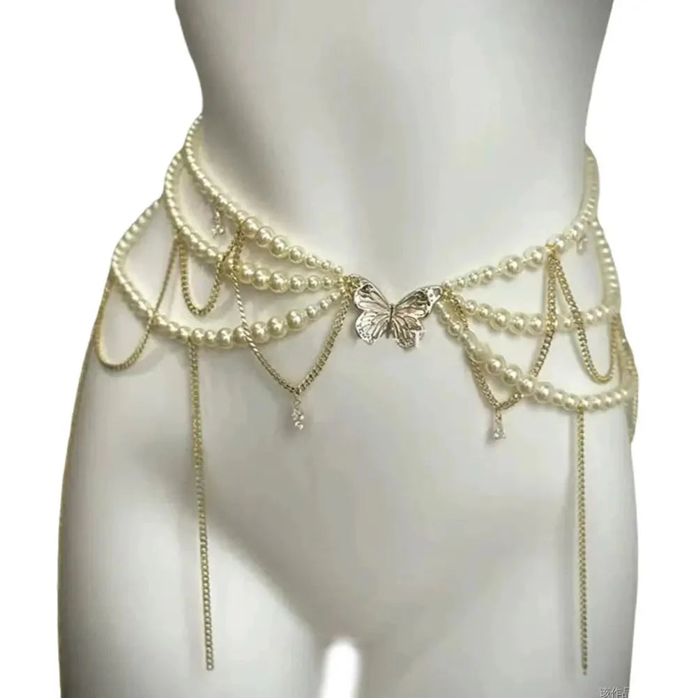 Retro Multilayer Pearl Waist Chain Belt Women (D)