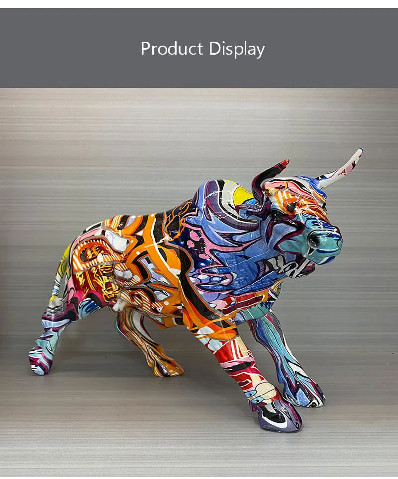 Graffiti Bull Figurine: Artistic Feng Shui Decor for Home and Office