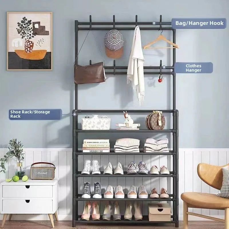 Multifunctional Free-Standing Coat and Shoe Rack Organizer with Storage Shelves and Hooks