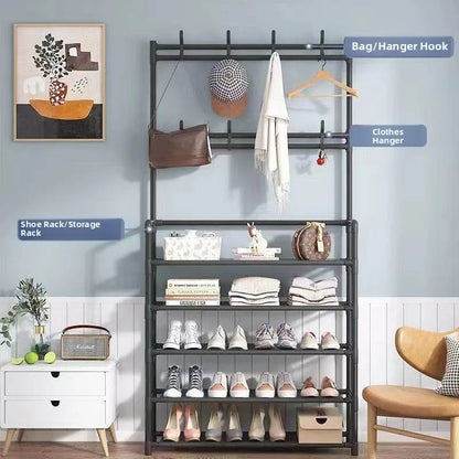 Multifunctional Free-Standing Coat and Shoe Rack Organizer with Storage Shelves and Hooks