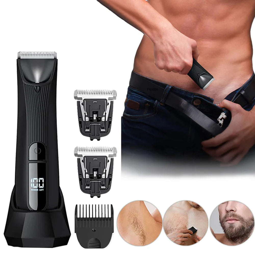 Mens Rechargeable Body Hair Trimmer with 2 Heads & LED Light Black