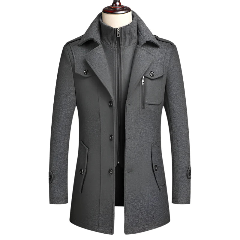 Men's Double Collar Wool Business Coat Winter (Gray)