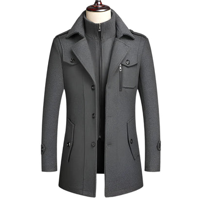 Men's Double Collar Wool Business Coat Winter (Gray)