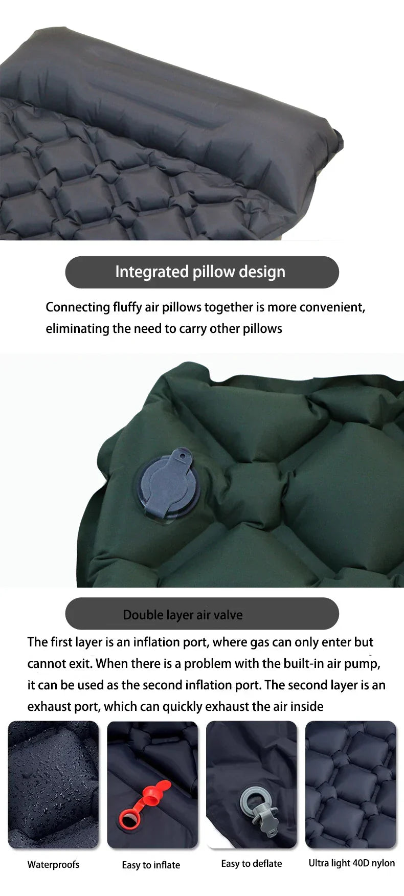 Outdoor Ultralight Camping Sleeping Pad with Built-in Pump and Headrest