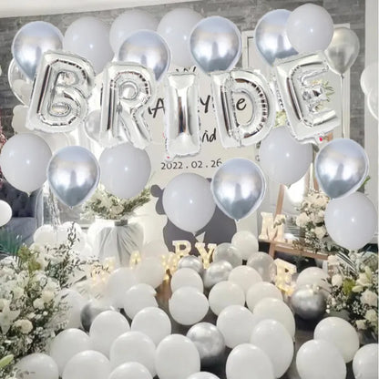 63-Piece Silver White Bride To Be Balloon Set: Bridal Bachelor Party Decorations