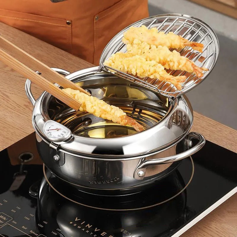 3.2L Stainless Steel Oil Pan with Thermometer Fryer with Lid Silver
