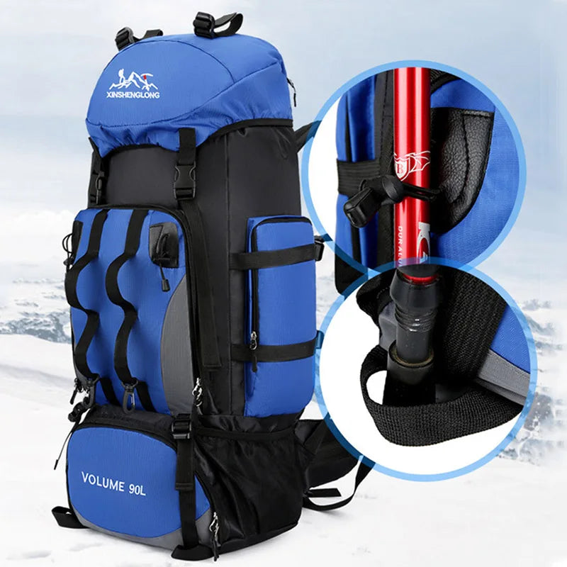 90L Waterproof Camping Backpack with Cover Blue