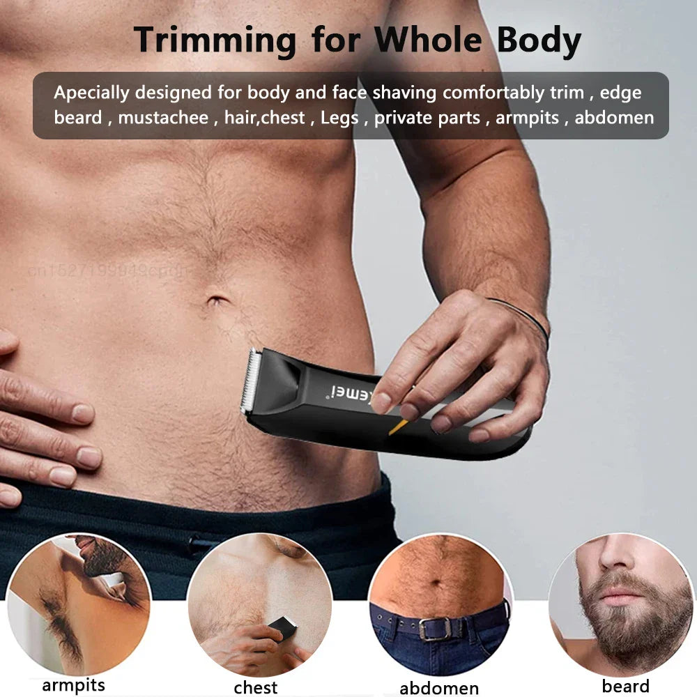 Mens Rechargeable Body Hair Trimmer with 2 Heads & LED Light Black