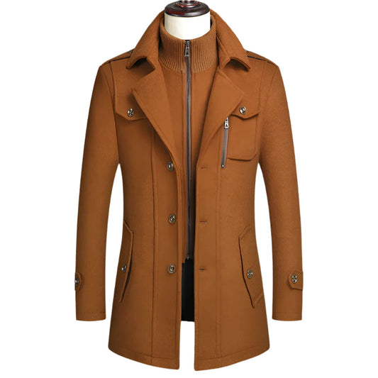 Men's Double Collar Wool Business Coat Winter (Khaki)
