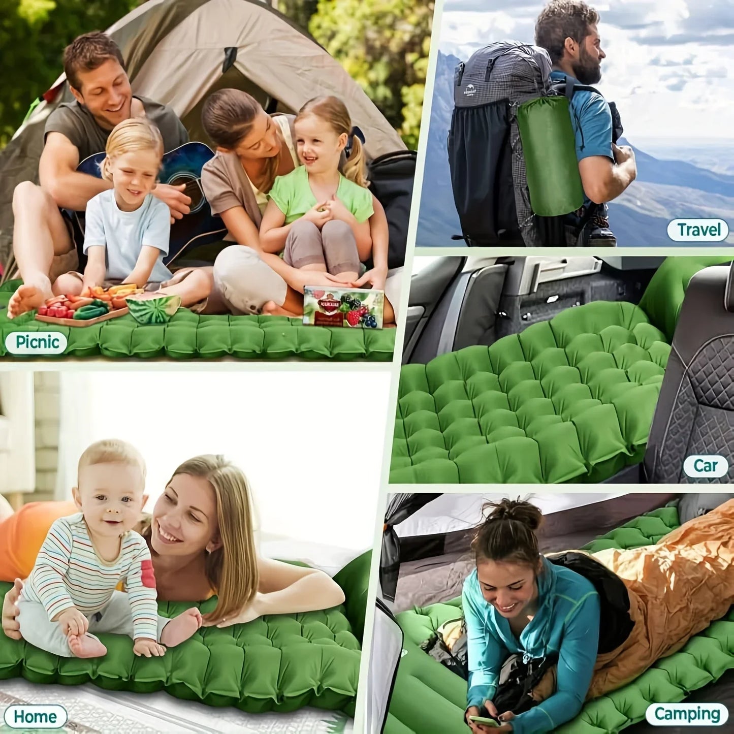 4-Inch Thick Inflatable Camping Sleeping Mat Built-in Pillow And Pump Green