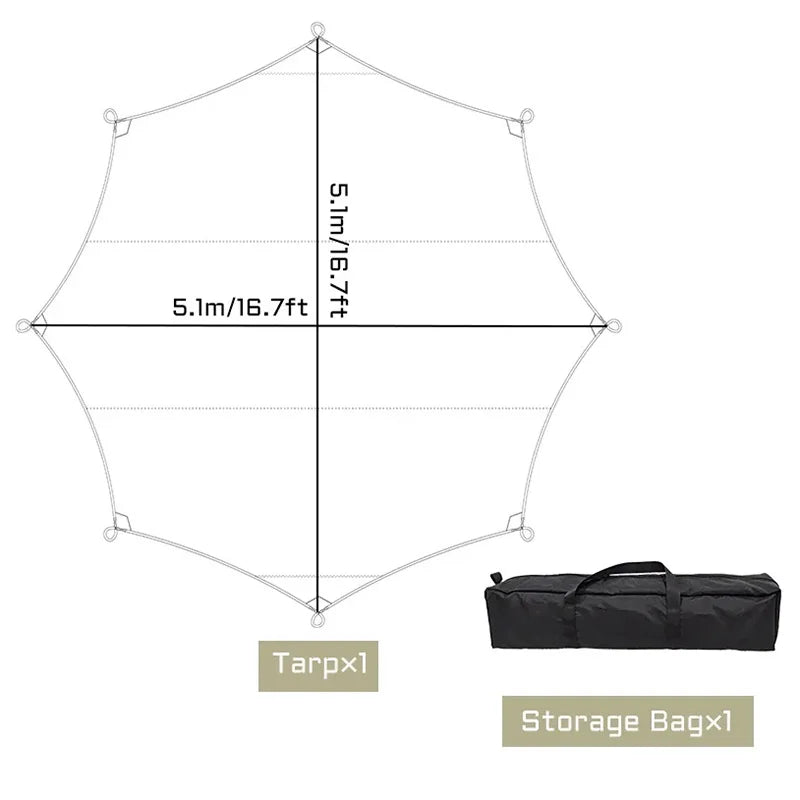 5.1x5.1m Octagon Butterfly Camping Tarp Waterproof Khaki