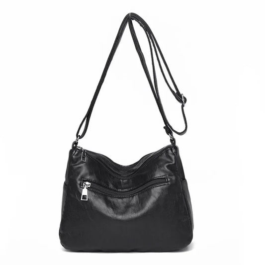 Women's Multi-Layer Leather Shoulder Crossbody Bag (Black)