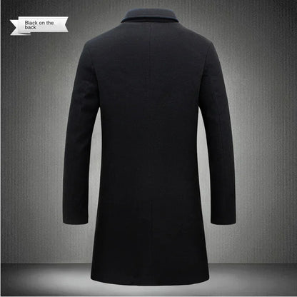 Men's Cotton Wool Blend Long Windbreaker Coat (Black)