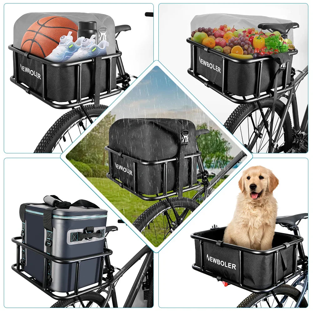 Rear Bike Basket with Waterproof Bag Metal Rear Rack Carrier Black