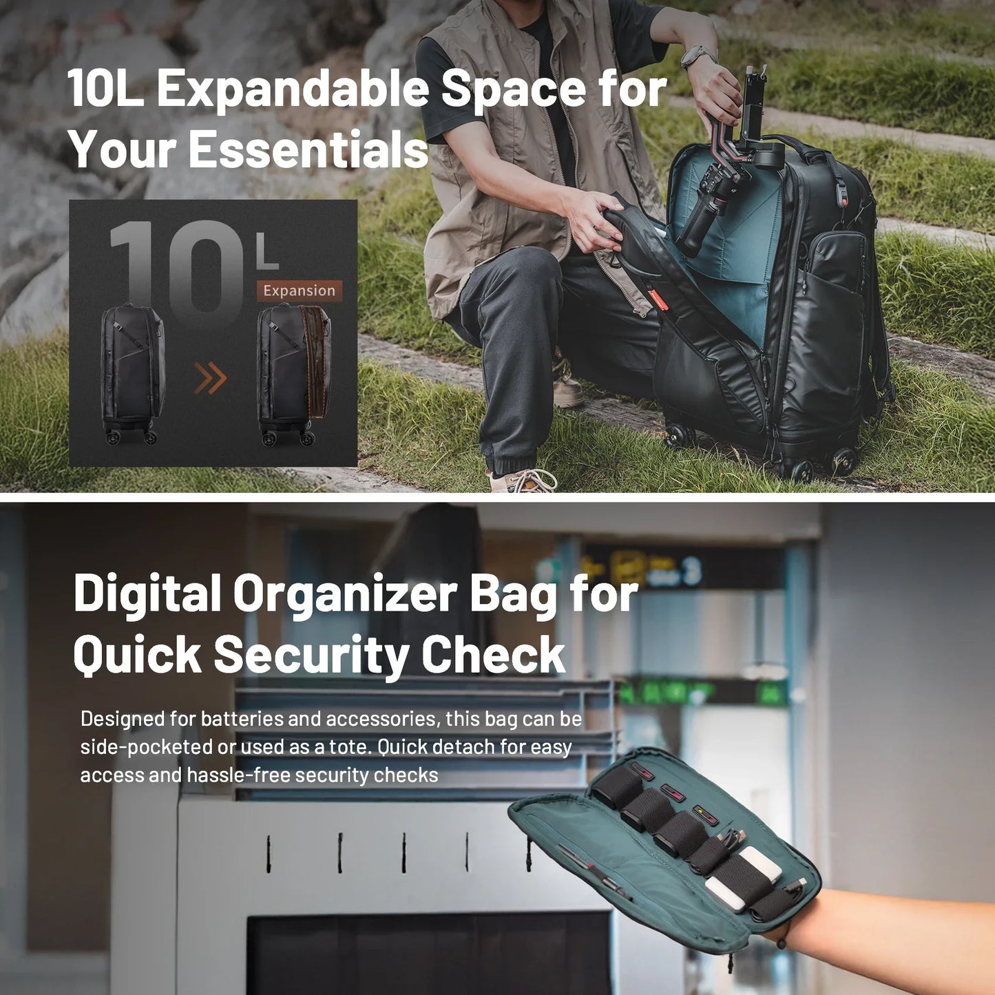 2-in-1 Outdoor Trolley Case Backpack Expandable Black