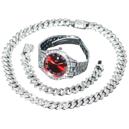 3pcs Mens Silver Watch Cuban Chain Bracelet Set (Red)