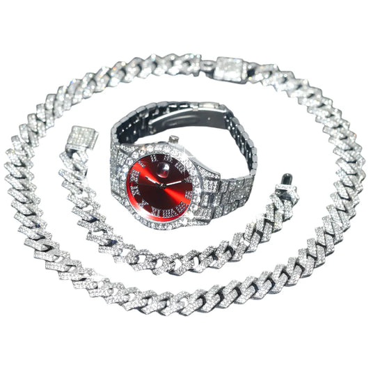 3pcs Mens Silver Watch Cuban Chain Bracelet Set (Red)