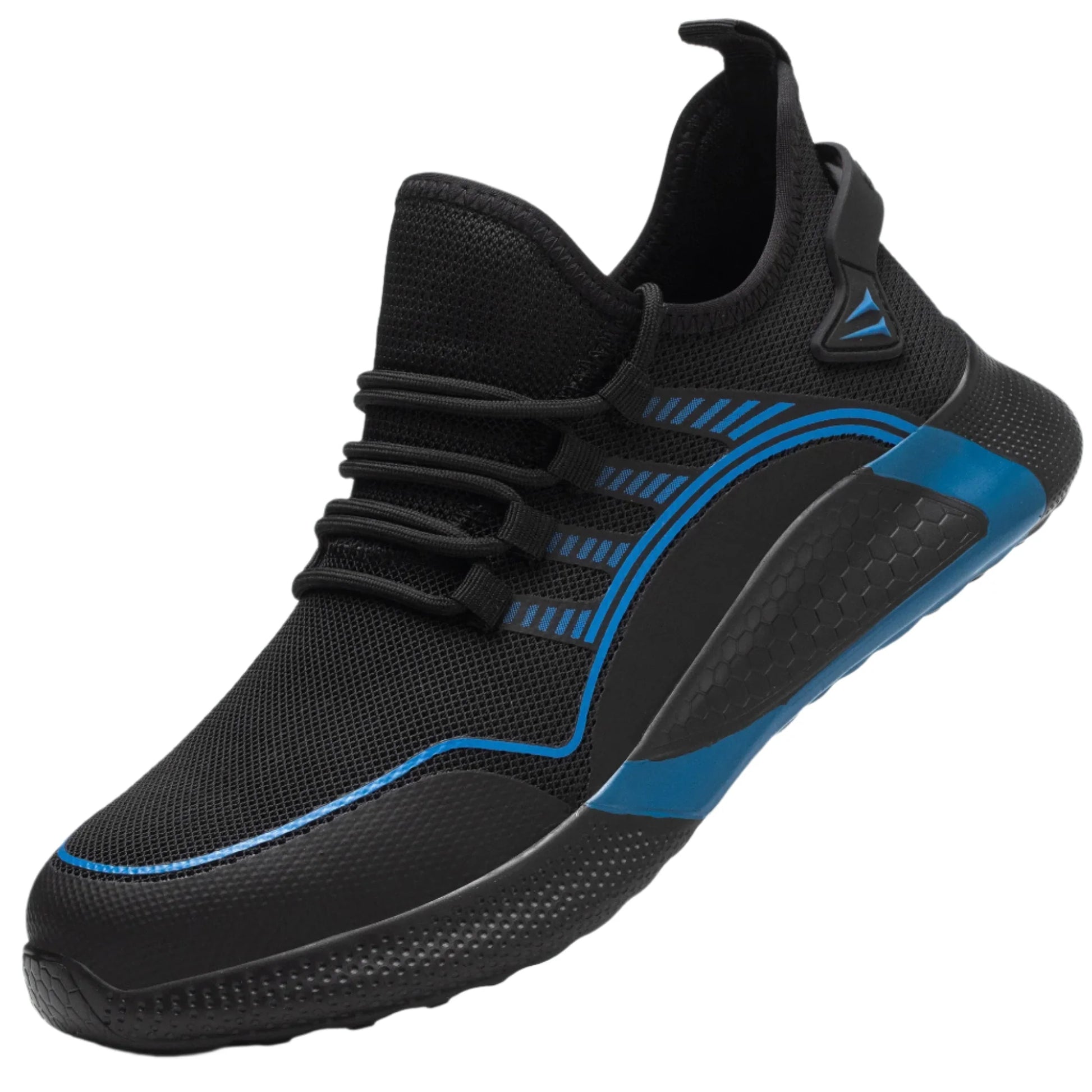 Black and blue athletic shoe on a white background