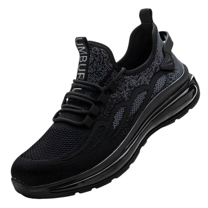 Black athletic shoe with visible brand name on a white background