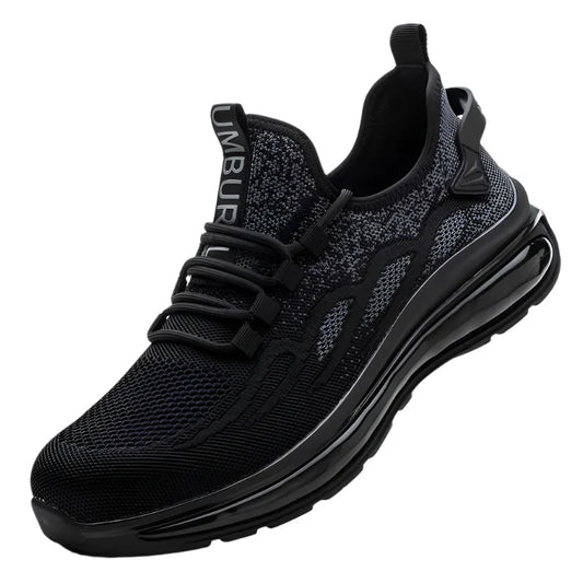Black athletic shoe with visible brand name on a white background