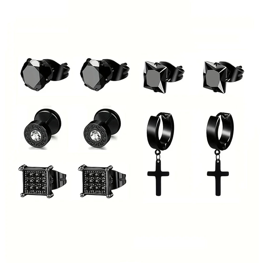 Earrings Stainless Steel 5 Pairs Set for Men (Black)