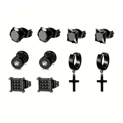 Earrings Stainless Steel 5 Pairs Set for Men (Black)