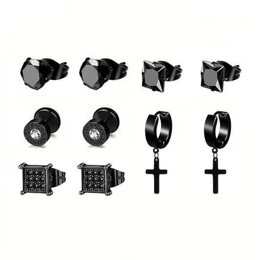 Earrings Stainless Steel 5 Pairs Set for Men (Black)