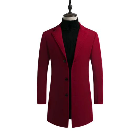 Men's Cotton Wool Blend Long Windbreaker Coat (Black Red)