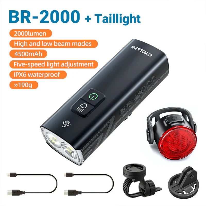 2000 Lumens LED Rechargeable Bike Light Set Front Rear Black