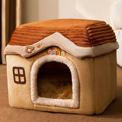 Foldable Soft Pet House And Bed Detachable Cave-Style Nest Brown
