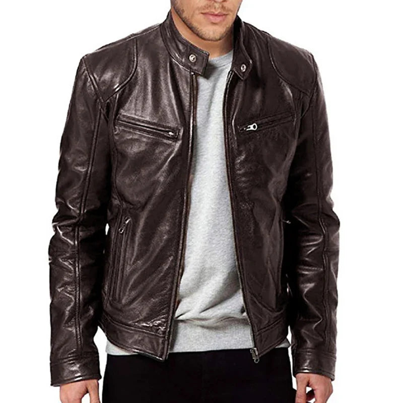 Men's PU Motorcycle Leather Jacket Slim Fit Zipper
