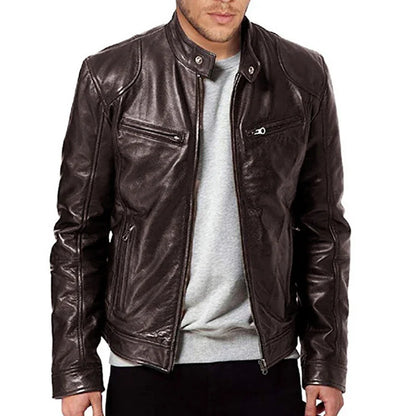 Men's PU Motorcycle Leather Jacket Slim Fit Zipper