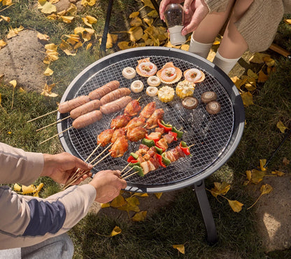 Outdoor Charcoal Fire Pit Portable Iron Fire Bowl with Folding Legs Black