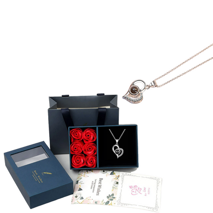 Multilingual 'I Love You' Necklace with 6 Roses in Luxury Gift Box - Silver (45cm)