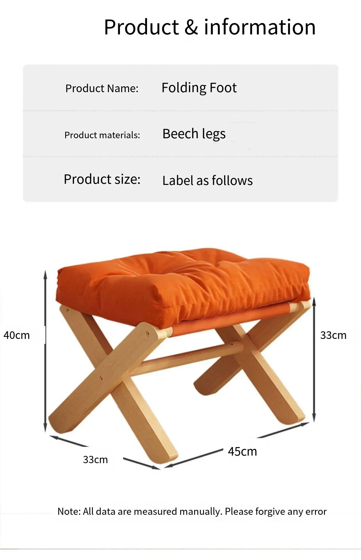 Foldable Beech Wooden Foot Stool with Soft Cushion - Orange