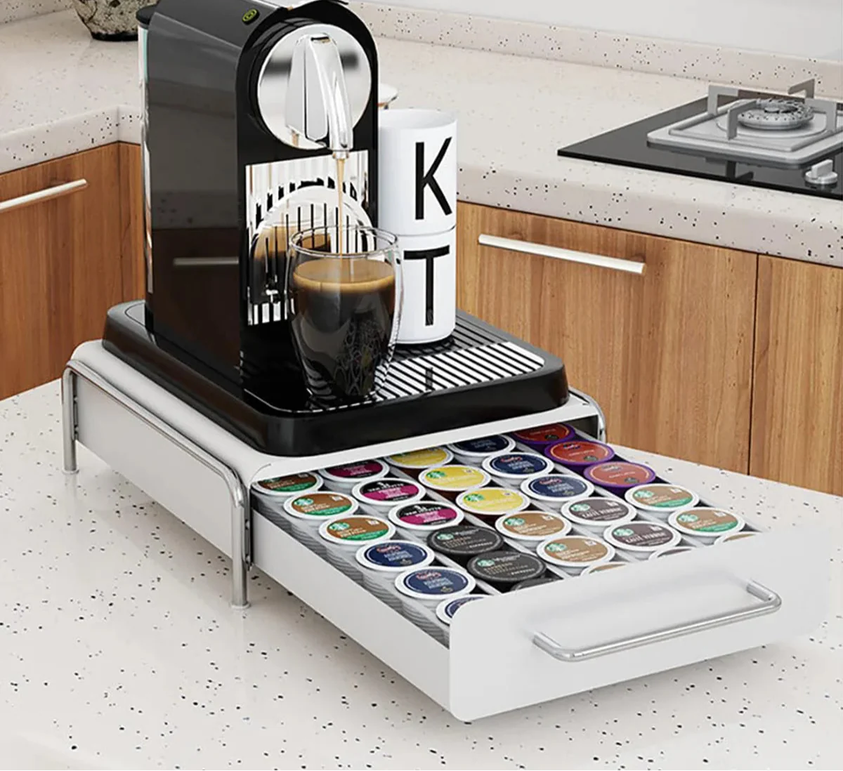 Compact Coffee Pod Drawer Space-Saving K-Cup Holder White