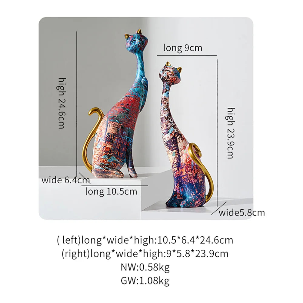 European Style 2pcs Oil Painting Cat Statues Animal Modern Sculpture Room Decoration Accessories Sculptures for Home Design Gift