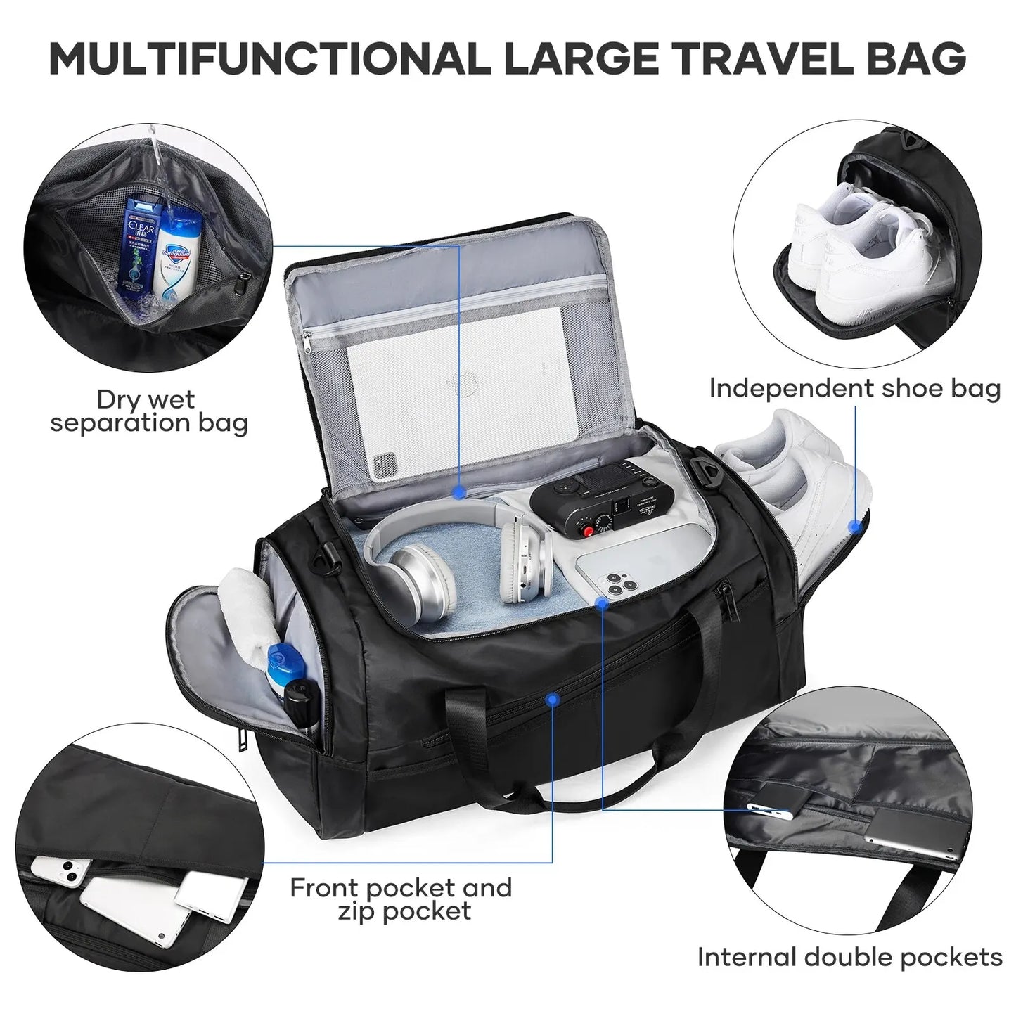 40L Foldable Sports Gym Travel Duffel Bag Black