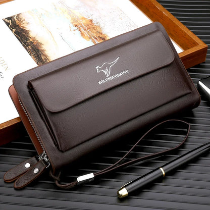 Men Leather Clutch Bag Double Zipper Business (Brown)