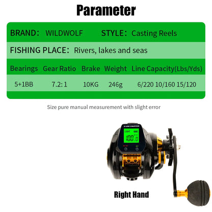 Electronic Baitcasting Reel 10kg Max Drag Alarm Counter Gold