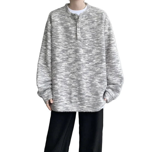 Korean Style Striped Henley Knit Sweater