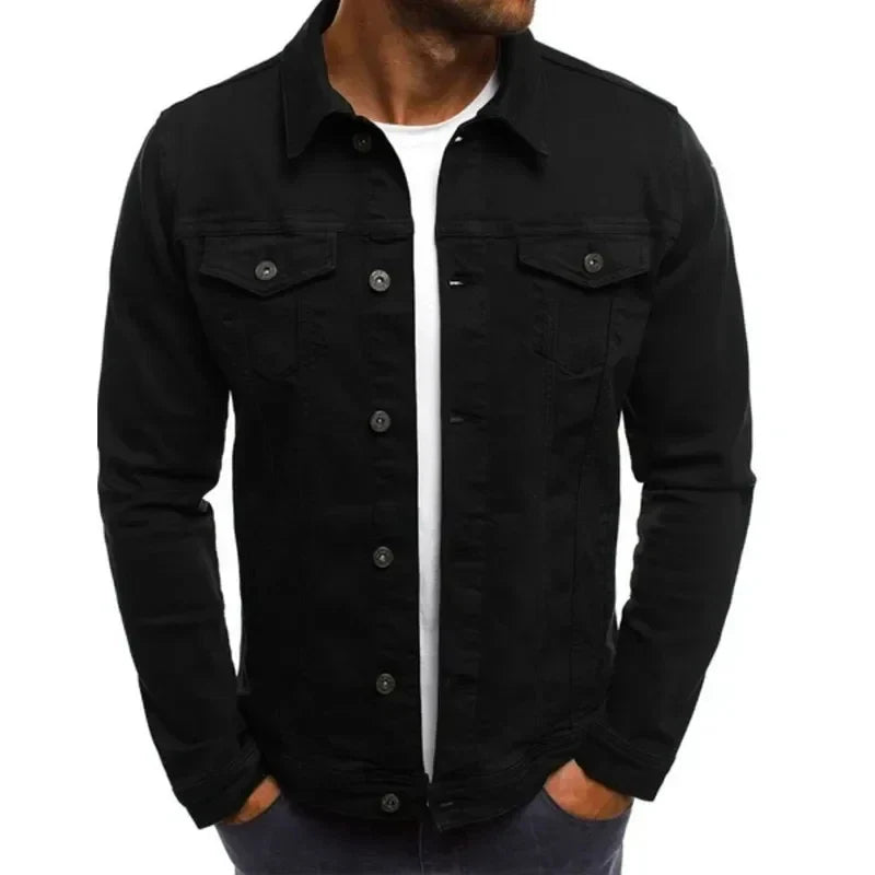 Mens Denim Streetwear Jacket Cotton Casual Slim Fit (Black)