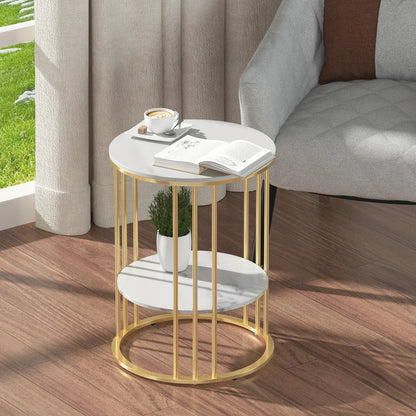 Round Marble Accent Table - Gold Frame, 2-Tier Nightstand