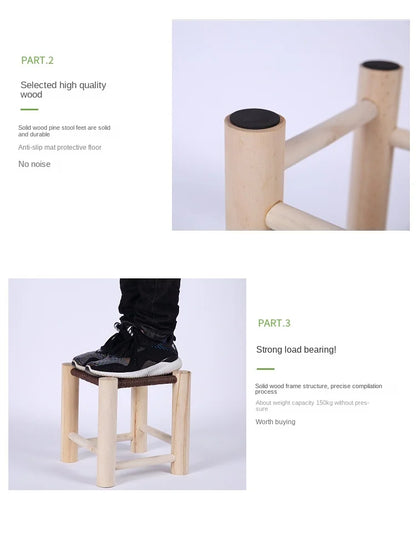 Hand-Woven Wooden Shoe Changing Stool - Beige Pine Stool with Non-Slip Surface