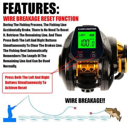 Electronic Baitcasting Reel 10kg Max Drag Alarm Counter Gold