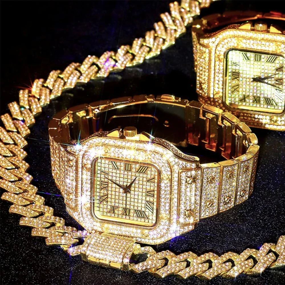 3pcs Men's Watch Set Square Watch Cuban Chain Bracelet (Gold)