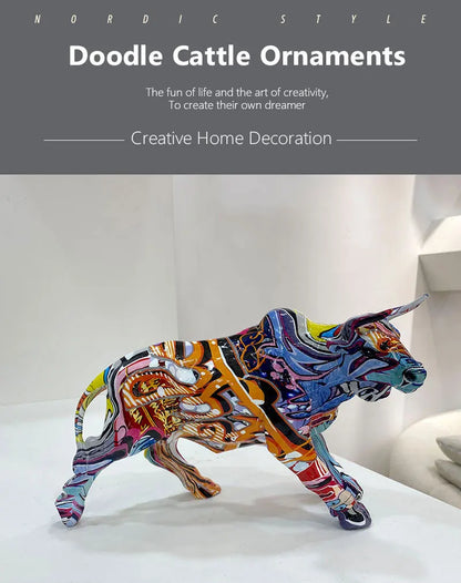 Graffiti Bull Figurine: Artistic Feng Shui Decor for Home and Office